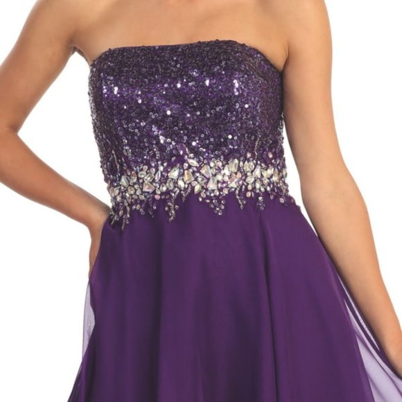 NEW LONG SLEEVELESS A-LINE CHIFFON DRESS EMBROIDERED WITH RHINESTONES GL1060 - Picture 4 of 11